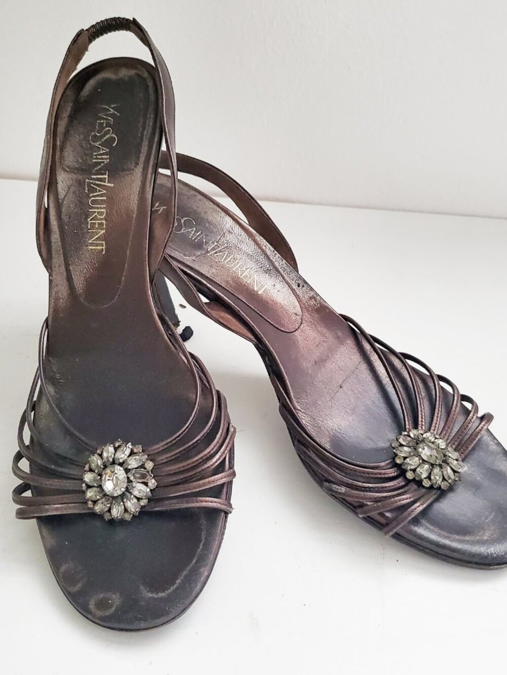 Yves Saint Laurent Bronze Leather Strappy Stilettos Rhinestone Detail Size 8.5